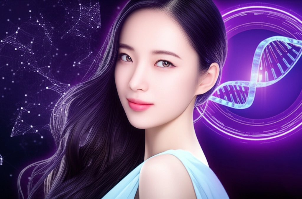 一位深髮東亞裔女性,背景為紫色星空,右側有DNA結構。可能是Angelababy的粉絲藝術,與「外泌體副作用」相關。